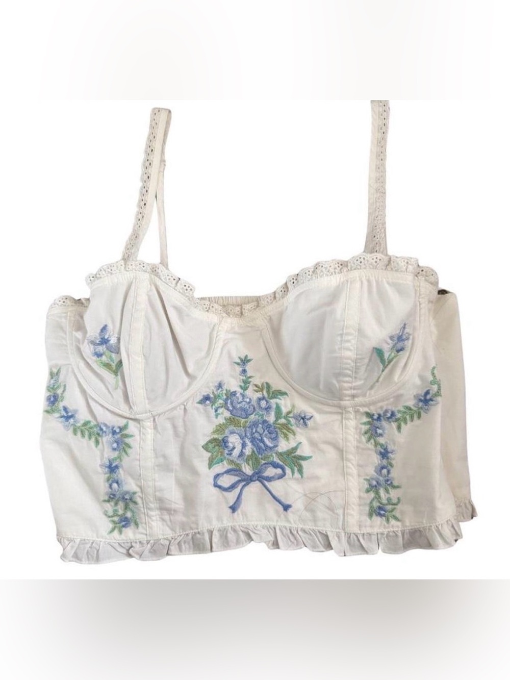 Altar'd State White Cropped Bustier with Blue Floral Embroidery